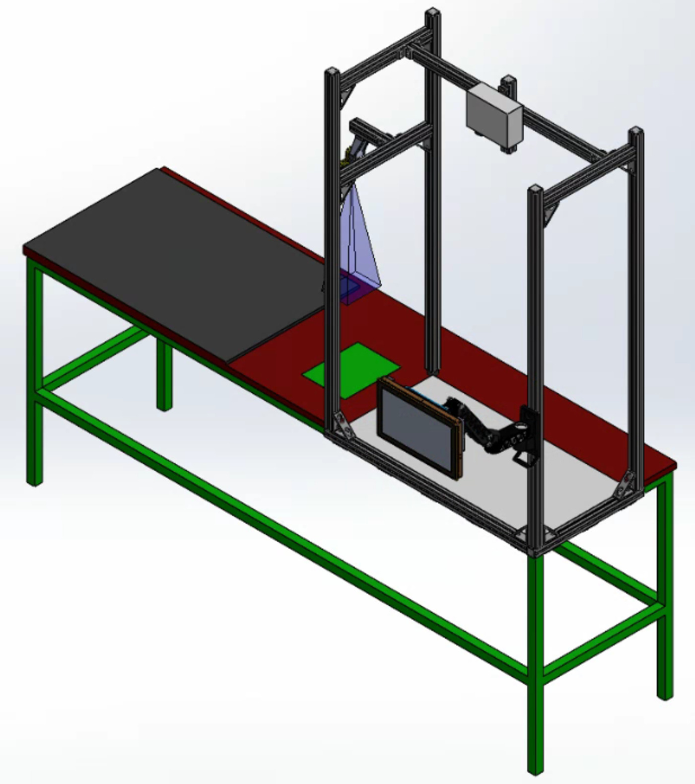 CAD render of a smart-camera and projector rig over a workbench