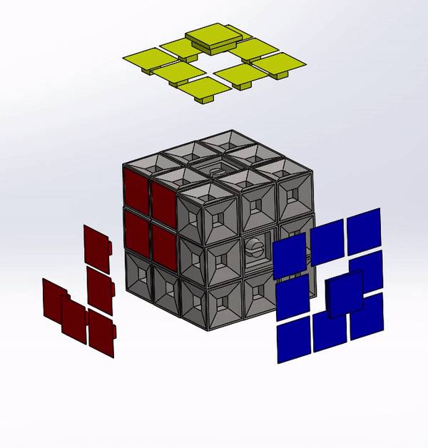 CAD exploded-view render of the cube's internal components